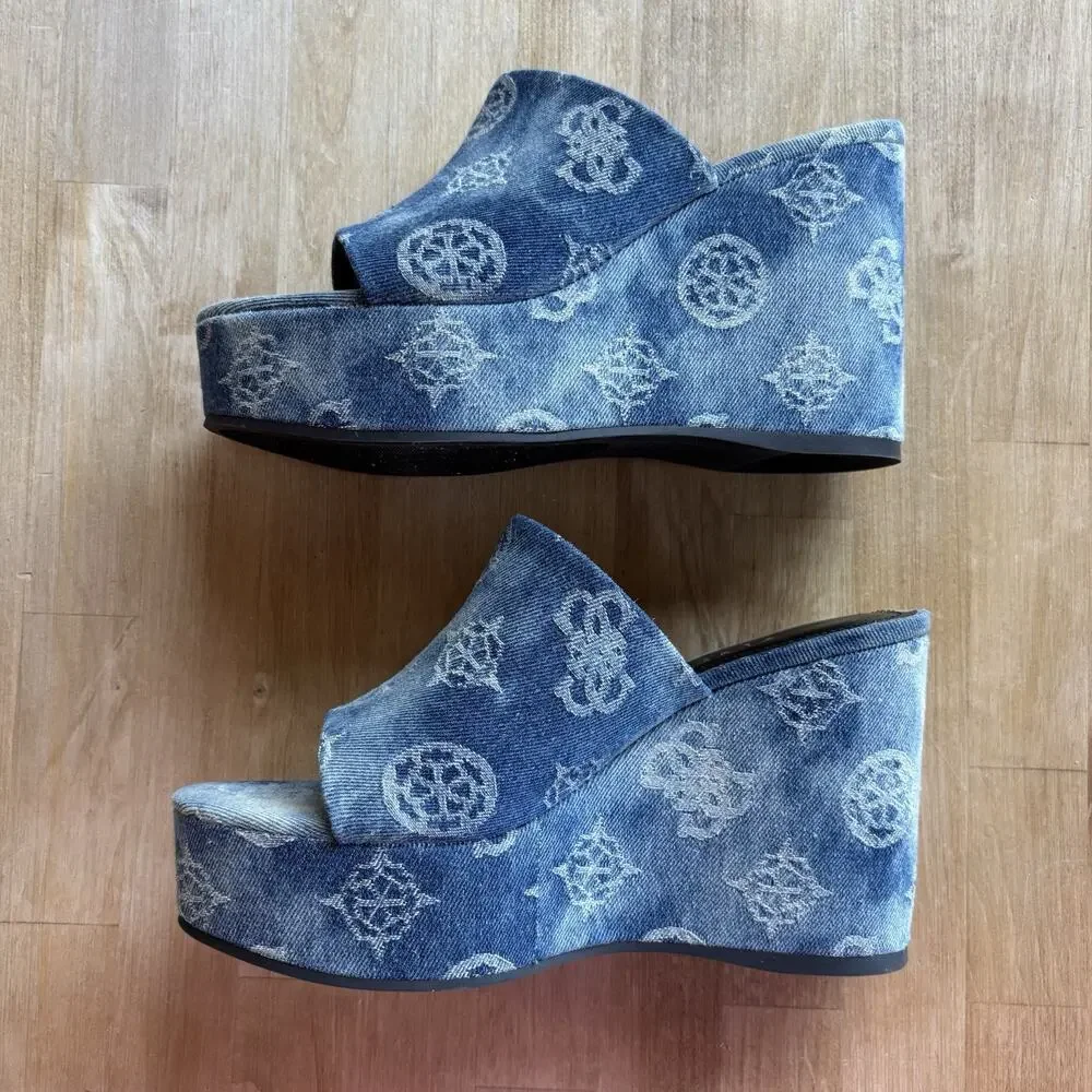 Guess Denim Logo Wedge Mules Women’s 8M Blue Slip On Platform Shoes New - Picture 3 of 10
